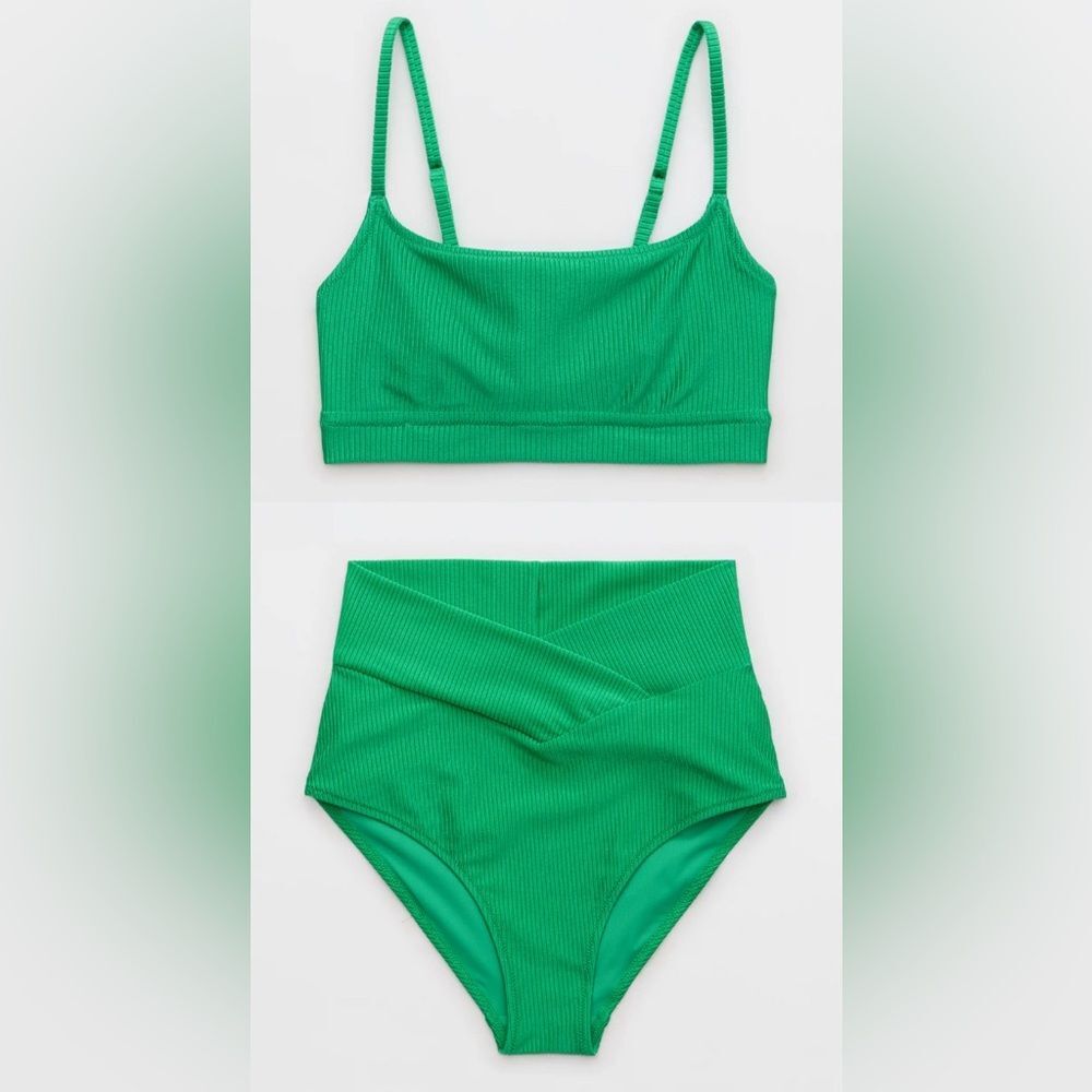 NWT Aerie FULL SET Shine Rib Straight Scoop Top + High Waist Full Coverage Green